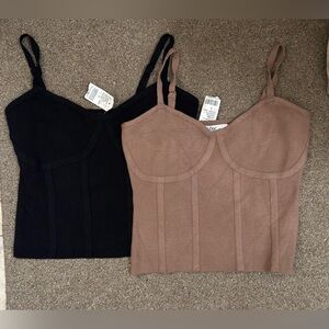 Qupid Ribbed Bustier Crop Camisole - Black & Taupe